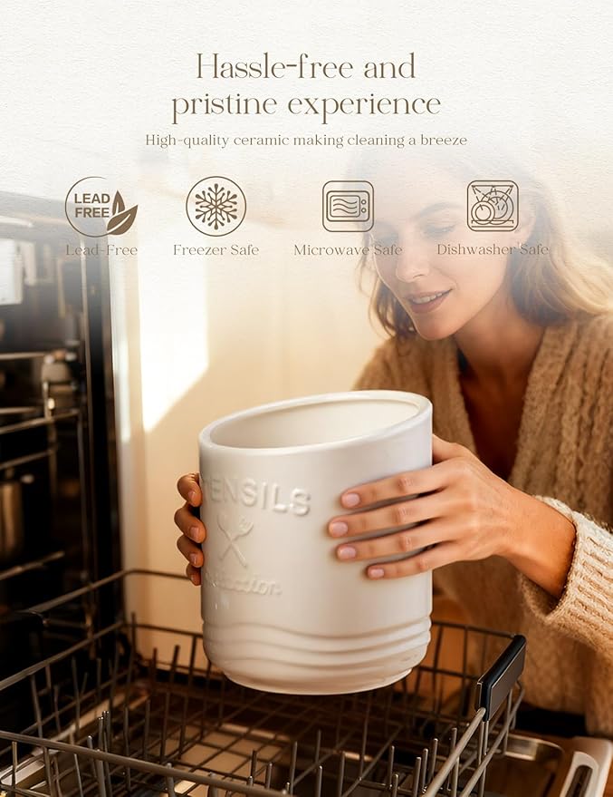 AISBUGUR Large Ceramic Utensil Holder: 7.5" H×6.3" W with Slanted Mouth - Utensil Crock with Non-Slip Cork Base for Kitchen Counter, Ideal for Decor & Gift,white utensil holder - Image 6