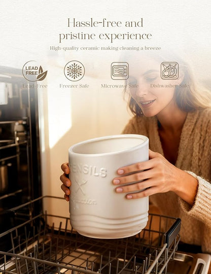 AISBUGUR Large Ceramic Utensil Holder: 7.5" H×6.3" W with Slanted Mouth - Utensil Crock with Non-Slip Cork Base for Kitchen Counter, Ideal for Decor & Gift,white utensil holder - Image 6