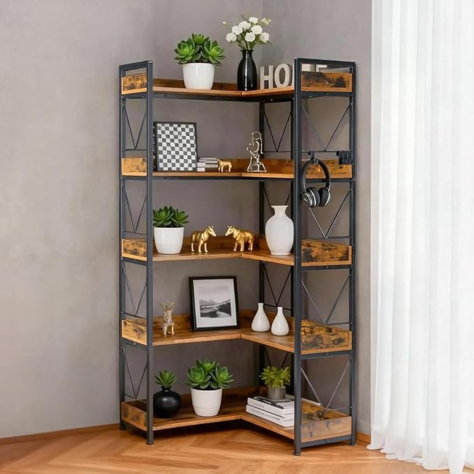 DUMOS 65 inch L Shaped Bookshelf, 5 Tier Corner Bookcase with Hooks and Edge, Industrial Pantry Shelves with Metal Frame, Wooden Open Storage for Living Room, Home Office, Bedroom, Rustic Brown - Image 7