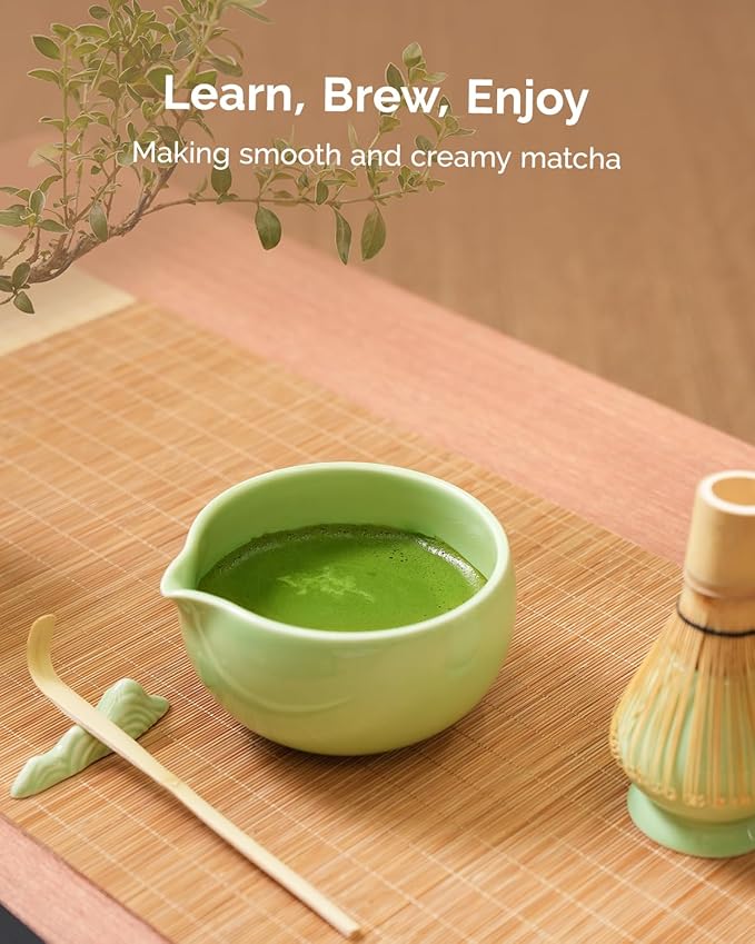 Maestri House Matcha Whisk Set, 7-Pc Complete Matcha Kit with Spouted Ceramic Bowl, Bamboo Whisk and Holder, Scoop, Spoon Rest & Sifter, Tea Cloth – Ideal Gift for Matcha Lovers (Green) - Image 5