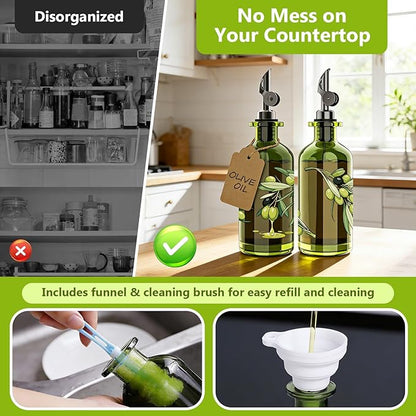 COOLMI Olive Oil Dispenser Bottle Set of 2-12oz Glass Oil & Vinegar Cruet for Kitchen - Leakproof Stainless Steel Pourers, Funnel & Labels - Extra Thick Decanter Container