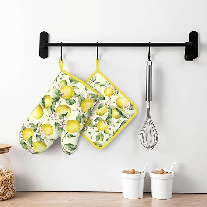 Lemon Silicone Oven Mitts Pan Mats Set of 2, Heat Resistant Gloves Potholder with Non-Slip Grips Hanging Loops Pot Holder, Spring Summer for Chef Cooking, Baking, Grilling, BBQ