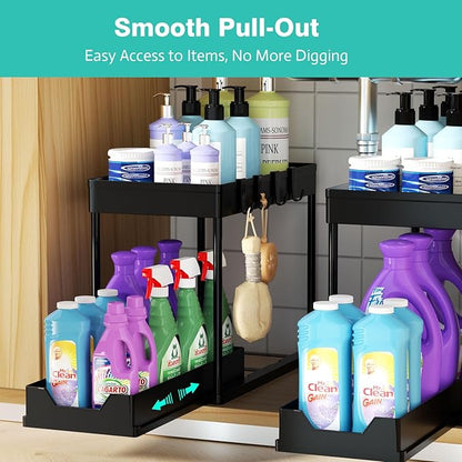 Under Sink Organizers 2 Pack, Pull-Out Sliding Cabinet Organizer with 2-Tier Storage Shelf & 4 Hooks, Multi-Purpose for Kitchen & Bathroom (13 Inch, Black) - Image 3