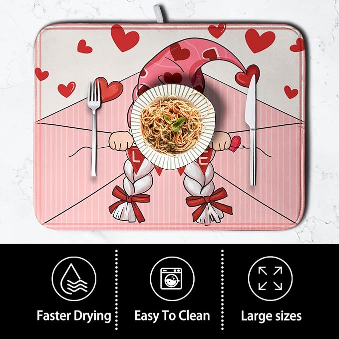 Valentine's Day Love Letter Dish Drying Mat for Kitchen Counter, Love Letter Gnome Absorbent Dish Pad Large Dish Drainer Mats for Countertop 16x18 Inch - Image 4