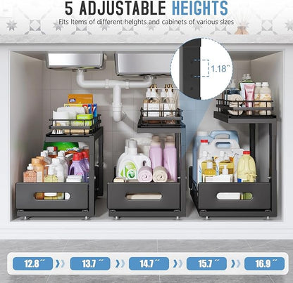 Under Sink Organizer Upgrade To Professional Rails,2-Tier Dual Pull Out Cabinet Storage,Height Adjustable Slide Out Drawers For Bathroom Kitchen,2 Pack-16.7"Dx12.8"-16.9"H,Black - Image 6