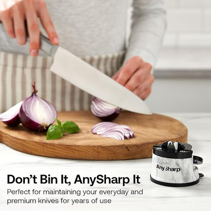 AnySharp – Editions – Hands Free Knife Sharpener - Easy to Use Sharpening Tool w/PowerGrip Suction Base and 20-Degree Pre-Set Angle - for All Knives: Chef's, Serrated, Hardened Steel - White Marble - Image 9