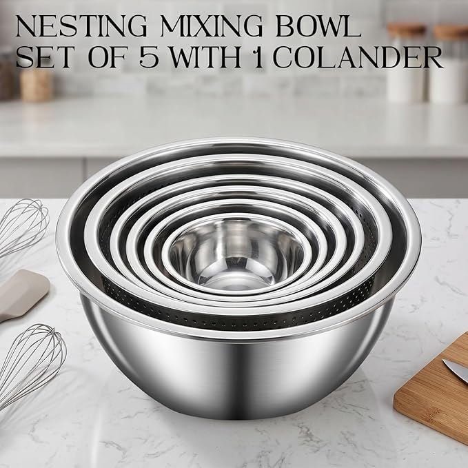 DUTZUN Heavy-Duty Stainless Steel Mixing Bowls Set of 5 plus 3QT Colander, Nesting Kitchen Metal Bowl for Baking Prep Salads Serving Cooking, Non-Toxic & Dishwasher Safe — 4.0 to 0.8 QT