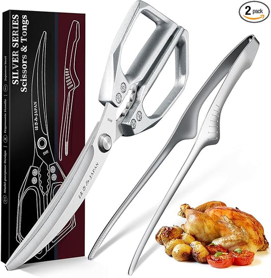 HUUSK Kitchen Scissors and Cooking Tong Set - Silver Kitchen Shears for Food with Stainless Steel BBQ Tongs, Japanese Style Dishwasher Safe Meat Scissors for All Purpose, Gifts for Men Women by HuuskKnife