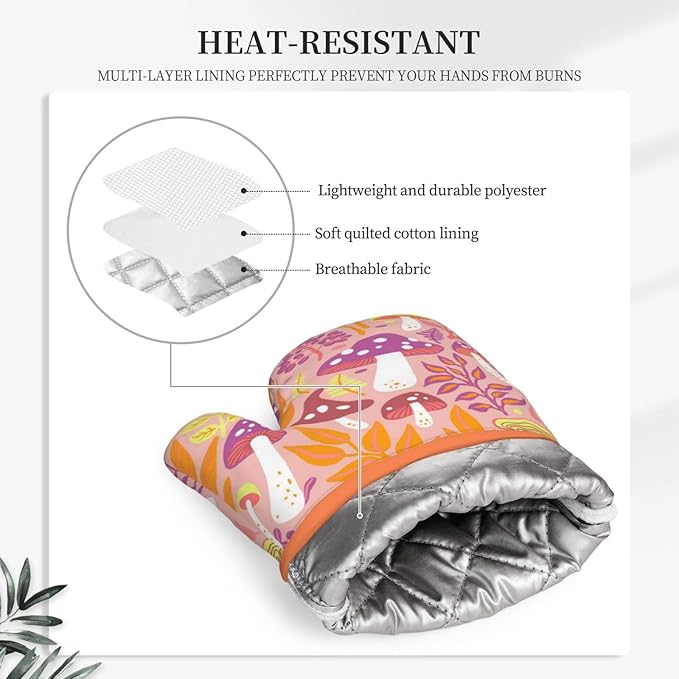 Mushroom Silicone Oven Mitts Pan Mats Set of 2, Heat Resistant Gloves Potholder with Non-Slip Grips Hanging Loops Pot Holder, Spring Summer for Chef Cooking, Baking, Grilling, BBQ