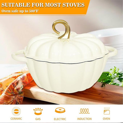 Pumpkin Cast Iron Dutch Oven with Lid, 4.5QT Heavy-Duty Enameled Pot with Dual Handles, Serves 3-5, Oven Safe for Bread Baking, Braising, Cooking and Family Gifts, White