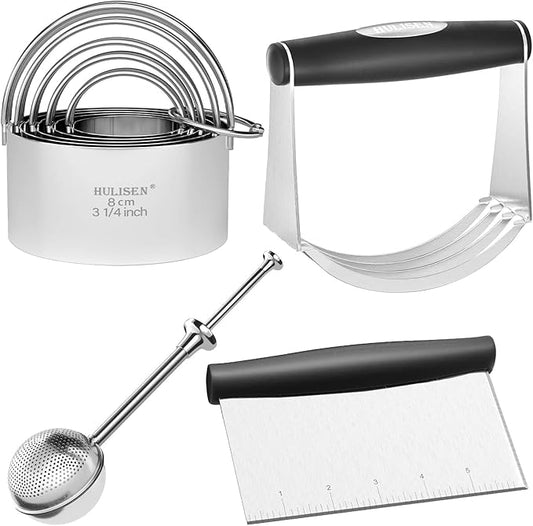 HULISEN Stainless Steel Biscuit Cutter Set, Flour Duster, Pastry Scraper and Dough Blender, Sturdy & Long-Lasting with Ergonomic Rubber Grip, Professional Baking Dough Tools, Gift Package (4 Pcs/Set) by HULISEN