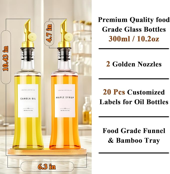 Olive Oil Dispenser Bottles for Kitchen with Bamboo Tray, Oil and Vinegar Dispenser Set, Coffee Syrup Dispensers, Glass Dispensers for Kitchen, Dispenser Bottle of 300ml - Set of 2 Gold - Image 3