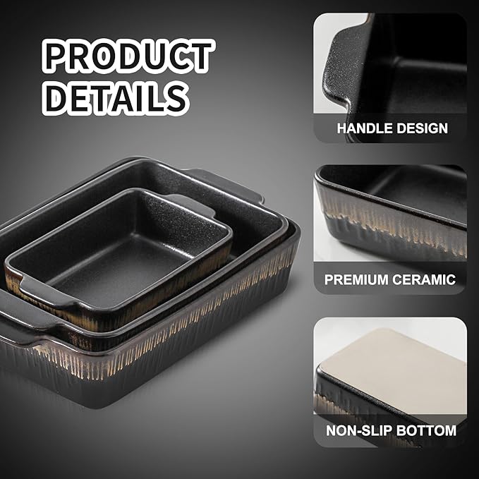 KOOV Bakeware Set, Ceramic Baking Dish, Rectangular Baking Pans Set, Casserole Dish for Cooking, Cake Dinner, Kitchen 9 x 13 Inches, 3-Piece, Stripe Series (Rough Black) - Image 2