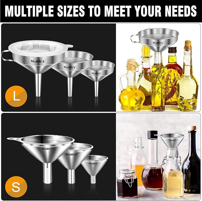 Stainless Steel Funnel, Walfos 6 Different Sizes of Kitchen funnels with 2 Removable Strainer ＆ 1Pcs Cleaning Brush, 200 Mesh Food Filter Strainer,for Transferring of Liquid, Oils, Jam, Powder - Image 3