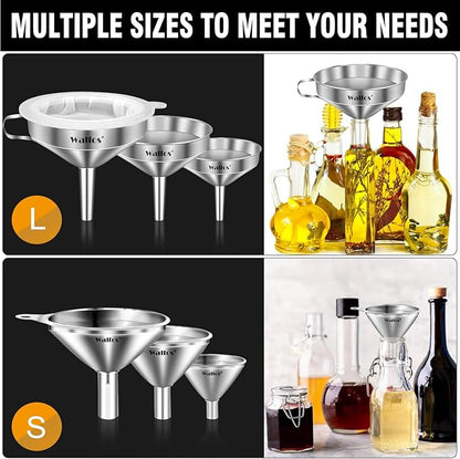 Stainless Steel Funnel, Walfos 6 Different Sizes of Kitchen funnels with 2 Removable Strainer ＆ 1Pcs Cleaning Brush, 200 Mesh Food Filter Strainer,for Transferring of Liquid, Oils, Jam, Powder - Image 3