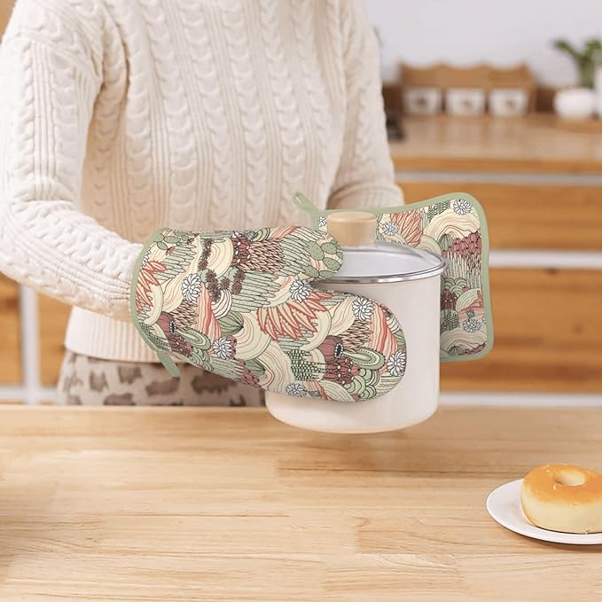 Cactus Succulent Silicone Oven Mitts Pan Mats Set of 2, Heat Resistant Gloves Potholder with Non-Slip Grips Hanging Loops Pot Holder, Spring Summer for Chef Cooking, Baking, Grilling, BBQ