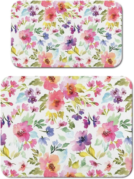 Dish Drying Mat for Kitchen Counter 2 Pack with Non-Slip Rubber Backing - Heat-Resistant Absorbent Coffee Bar Mat, Dish Rack Mat, Watercolor Flower Dish Drying Mats 18x24+19.5x12 inch