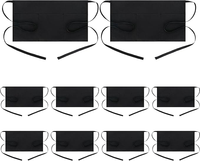 BOHARERS Waist Apron with 3 Pockets 10 Pack - Black Waitress Server Short Apron by BOHARERS