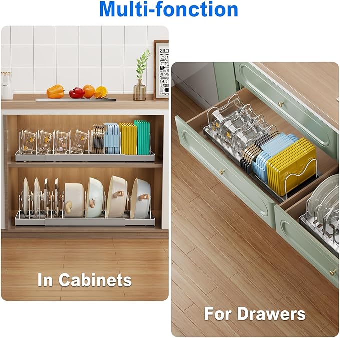 Mustorn 2 Pack Pots and Pans Organizer Under Cabinet, 22" Expandable Food Storage Container Lid Organizers with 9 Adjustable Dividers Pot and Pan Lid Holders Rack Inside Cabinet/Countertop(Gray) - Image 3