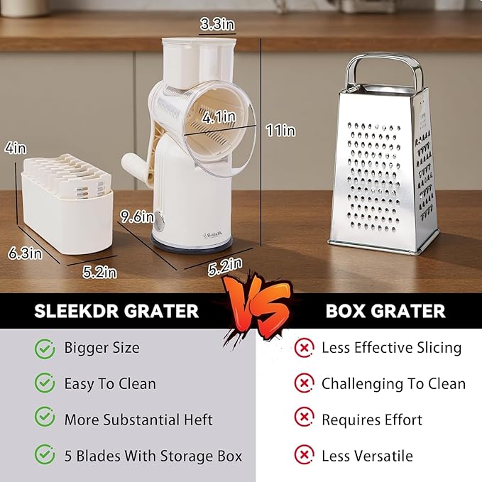 5-in-1 Rotary Cheese Grater Vegetable Slicer with Handle - Upgraded Hand Crank Cheese Grater with Handle and Strong Suction Base, Multi-Purpose Slicer with 5 Blades (White) - Image 3