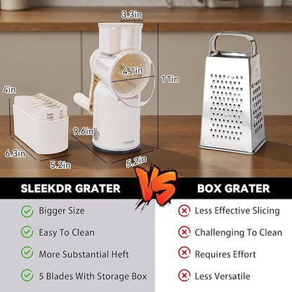 5-in-1 Rotary Cheese Grater Vegetable Slicer with Handle - Upgraded Hand Crank Cheese Grater with Handle and Strong Suction Base, Multi-Purpose Slicer with 5 Blades (White) - Image 3