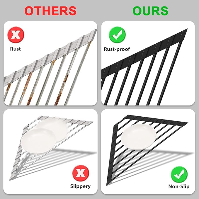 HANZENMA Triangular Sink Rack, Multi-Functional Rack Above the countertop, Foldable Sink Drying mat, Heat-Resistant, Non-Slip, and Rust-Proof Dish Rack (Black) - Image 5