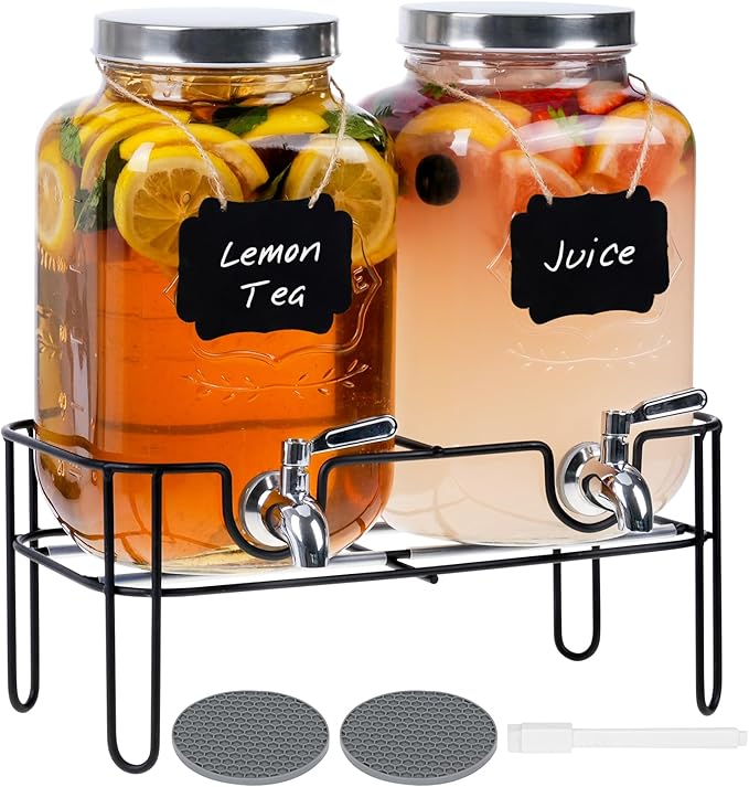Bululuo Glass Drinks Dispenser for Parties, 2 PACK 1 Gallon Beverage Dispenser with Stand for Juice and Iced Tea, Water Jug Dispenser for Lemonade, Party Essential Beverage Pitcher with Spout by Moretoes