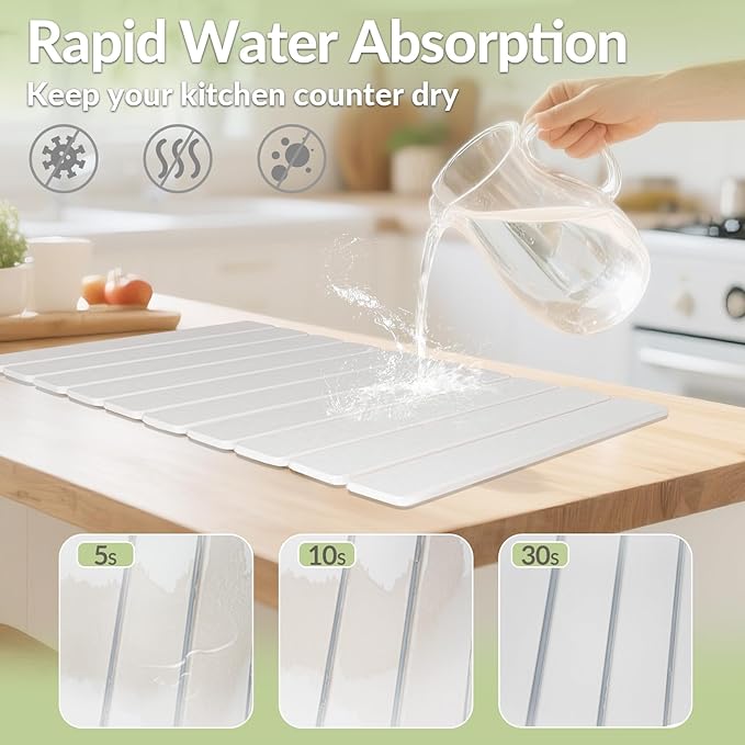 Large Stone Dish Drying Mat for Kitchen Counter, 24"x16"&8"x4", Foldable Fast-Drying Diatomaceous Earth Dish Mat, 2PCS Eco-Friendly Water Absorbent Pads Set for Kitchen Bathroom, White