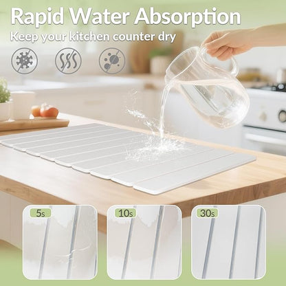 Large Stone Dish Drying Mat for Kitchen Counter, 24"x16"&8"x4", Foldable Fast-Drying Diatomaceous Earth Dish Mat, 2PCS Eco-Friendly Water Absorbent Pads Set for Kitchen Bathroom, White