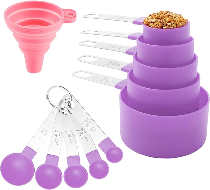 Measuring Cups and Spoons Set of Huygens Kitchen Gadgets 10 Pieces, Stackable Stainless Steel Handle Measuring Cups for Measuring Dry and Liquid Ingredient (Mauve) by Huygens
