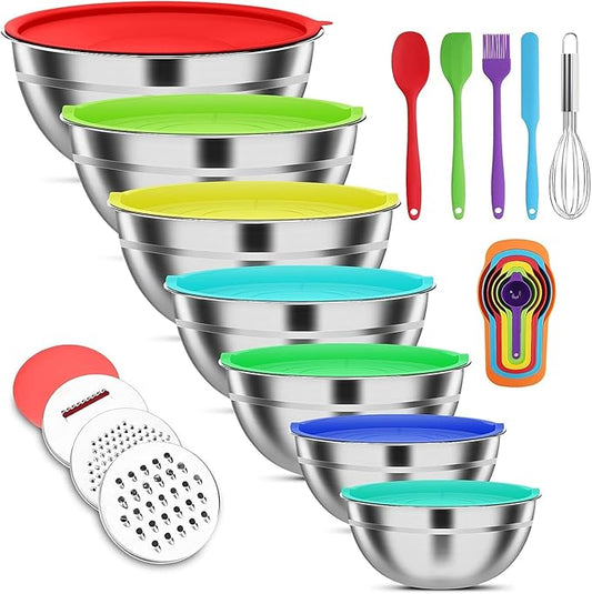 ENVTEK Mixing Bowls with Lids Set, 7 PCS Stainless Steel Mixing Bowls with 3 Grater Attachments, Size 4.5, 4, 3.5, 2.1, 1.5, 1.1, 0.7QT, Ideal for Kitchen Cooking Baking & Serving by ENVTEK