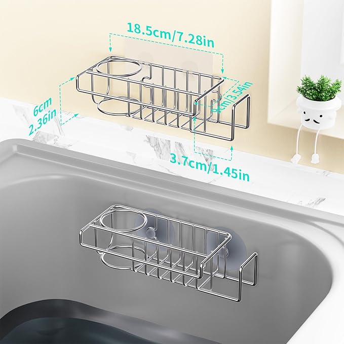 HapiRm Sink Caddy Sponge Holder - No Drill Sponge Caddy for Kitchen, Rustproof and Waterproof Kitchen Sink Organizer - Silver（2-Pack） - Image 6