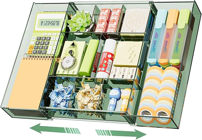 Marbrasse Expandable Desk Drawer Organizer, Clear Plastic Drawer Organizer Tray with 10 Adjustable Compartments, Desk Organizers and Accessories, 5 Drawer Dividers for Office Supplies(Clear Green) by Marbrasse