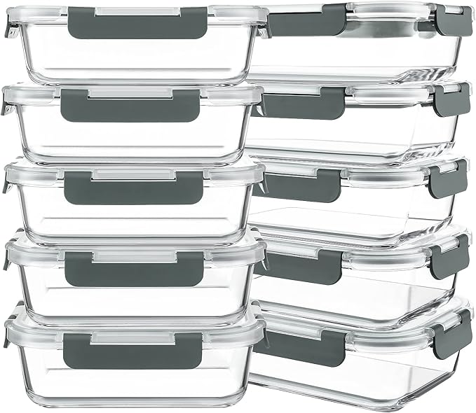 KOMUEE 10 Packs 30 oz Glass Meal Prep Containers,Glass Food Storage Containers with Lids,Airtight Lunch Bento Boxes,Microwave,Freezer and Dishwasher,Gray by KOMUEEUS