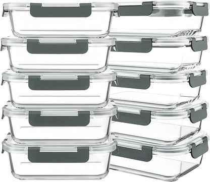 KOMUEE 10 Packs 30 oz Glass Meal Prep Containers,Glass Food Storage Containers with Lids,Airtight Lunch Bento Boxes,Microwave,Freezer and Dishwasher,Gray by KOMUEEUS