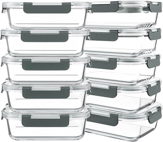 KOMUEE 10 Packs 30 oz Glass Meal Prep Containers,Glass Food Storage Containers with Lids,Airtight Lunch Bento Boxes,Microwave,Freezer and Dishwasher,Gray by KOMUEEUS
