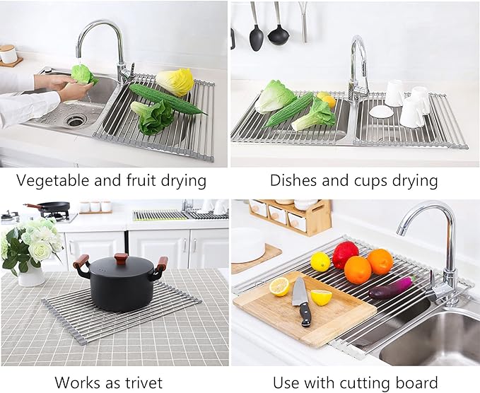 Tomorotec 17.7" x 15.5" Roll Up Dish Drying Rack Over Sink Drying Rack Sink Cover Kitchen Sink Accessories Gadget Multipurpose Organizer Foldable Stainless Steel Drainer (Grey) - Image 8