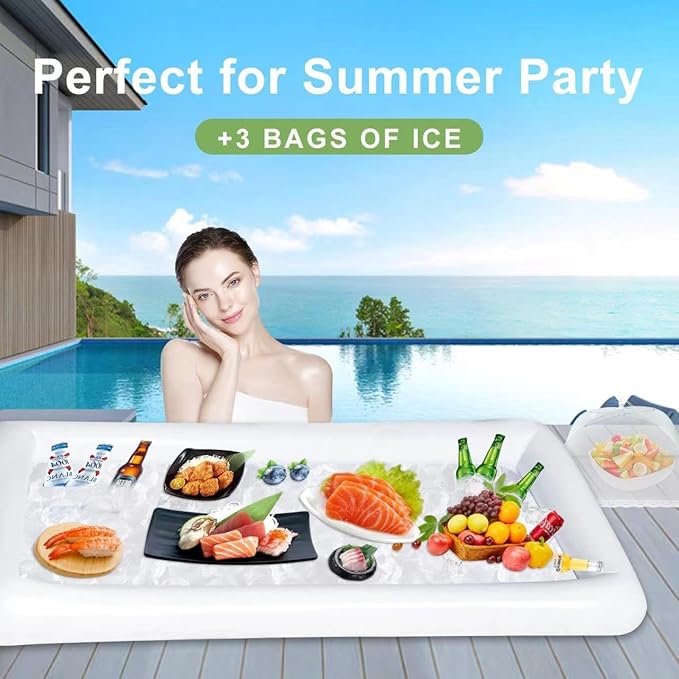8Pack Party Supplies (food covers*3, tablecloth*1, Inflatable Serving Bars*1,Ice Bag*2, Pump*1),Pool Party Buffet Drink Cooler, Ice Tray Food Drink Containers for BBQ Picnic Pool Garden Party Wedding - Image 5