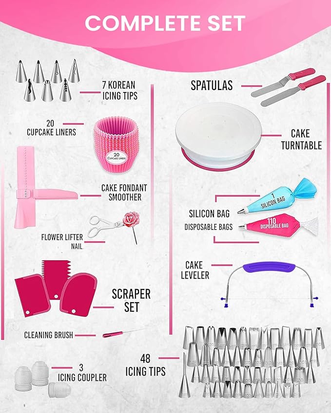 RFAQK 200PCs Cake Decorating Kit with Cake Turntable & Leveler, Baking Supplies Gift Includes 110+1 Piping Bags,55 Icing Tips,2 Frosting Spatulas, Adjustable Scraper, Video Tutorial, Booklet & more - Image 7