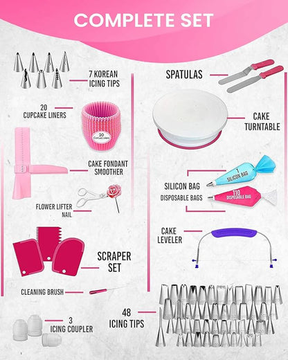 RFAQK 200PCs Cake Decorating Kit with Cake Turntable & Leveler, Baking Supplies Gift Includes 110+1 Piping Bags,55 Icing Tips,2 Frosting Spatulas, Adjustable Scraper, Video Tutorial, Booklet & more - Image 7