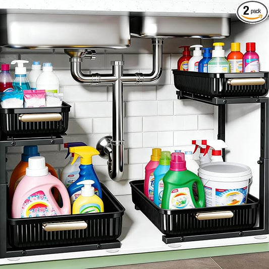 ARSTPEOE Under Sink Organizer - 2 Packs Multi-Purpose Pull-Out Storage Organizers, Slide out Pull out Metal Cabinet Organizer Shelf, Storage for Kitchen Bathroom, Black by ARSTPEOENeatChic