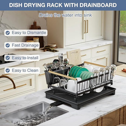 Dish Rack with Drainboard Large Capacity Anti-Rust Kitchen Counter Organizer with Cup, Utensil & Cutting Board Holders, Heavy Duty Dish Drying Rack for Dishes, Spoons and Forks