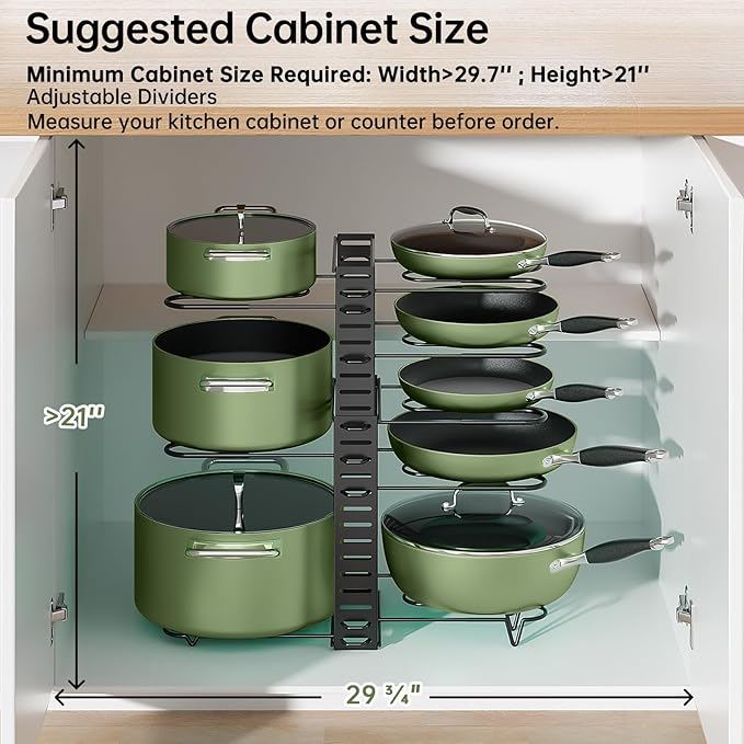MUDEELA Pots and Pans Organizer Rack under Cabinet 8-Tiers Adjustable Pot Rack with 3 DIY Methods, Expandable 11.65'' to 19" Pot Lid Organizer for Kitchen Pantry Cabinet Organization and Storage - Image 4
