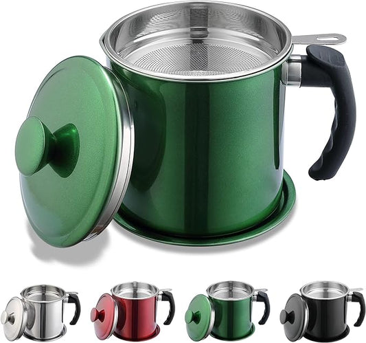 Kyraton Bacon Grease Container With Strainer, 48 oz Metal Shining Green Coating Oil Container, Pot Fat Storage With Lid, Easy Grip Handle Suitable For Storing Frying Oil And Cooking Grease