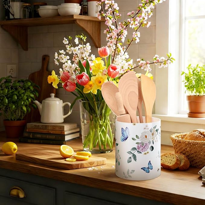 WILLBOND Butterfly Spring Kitchen Decor Acrylic Butterfly Kitchen Utensil Holder Crock Spoon Organizer for Countertop Table Decor Coffee Spoon Holder Jar for Cooking Tools