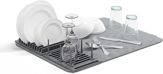 Umbra Udry Dish Rack with Movable Pegs and Microfiber Drying Mat – Space-Saving Design Folds Up for Easy Storage, Basic Rack, Dark Grey