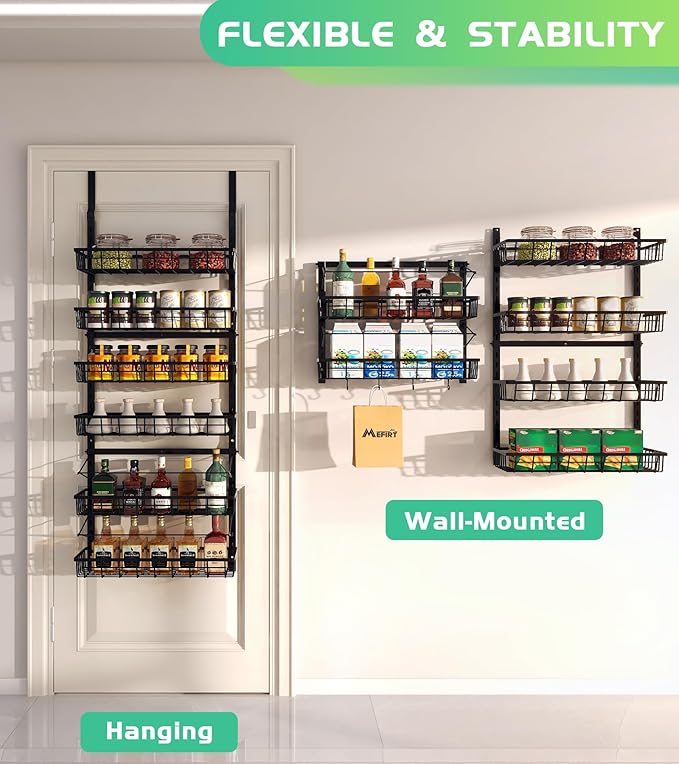 Mefirt Over The Door Pantry Organizer, Pantry Storage and Organization, 6-Tier Adjustable Hanging Baskets, Metal Wall Mount Spice Rack Seasoning Shelves for Home & Kitchen, Laundry Bathroom - Black - Image 3