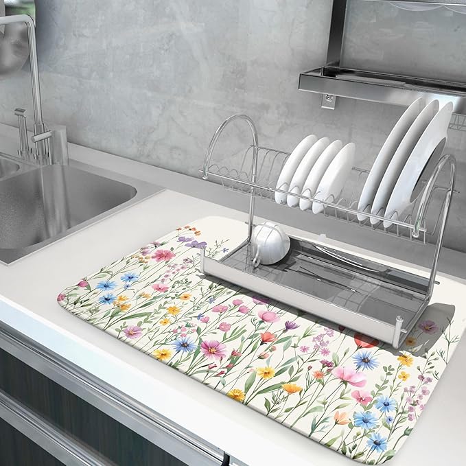 Giwawa Spring Floral Dish Drying Mat 18"x24" Watercolor Summer Wildflower Dish Drainer Mats Herb Flower Reversible Absorbent Dish Drying Pad Decor for Kitchen Countertop Dining Room