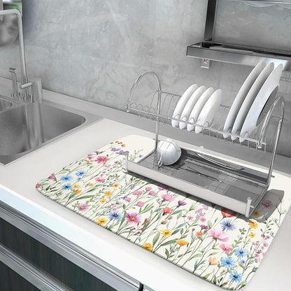 Giwawa Spring Floral Dish Drying Mat 18"x24" Watercolor Summer Wildflower Dish Drainer Mats Herb Flower Reversible Absorbent Dish Drying Pad Decor for Kitchen Countertop Dining Room