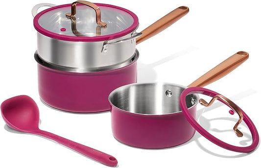 CAROTE 1.5Qt & 3.0Qt Stainless Steel Saucepan Set with Steamer & Ladle, Non-Toxic 3-Ply Stainless Steel Pot with Lids, Small Pots for Cooking, Oven Safe, Induction Compatible Cookware, Purple by CAROTE